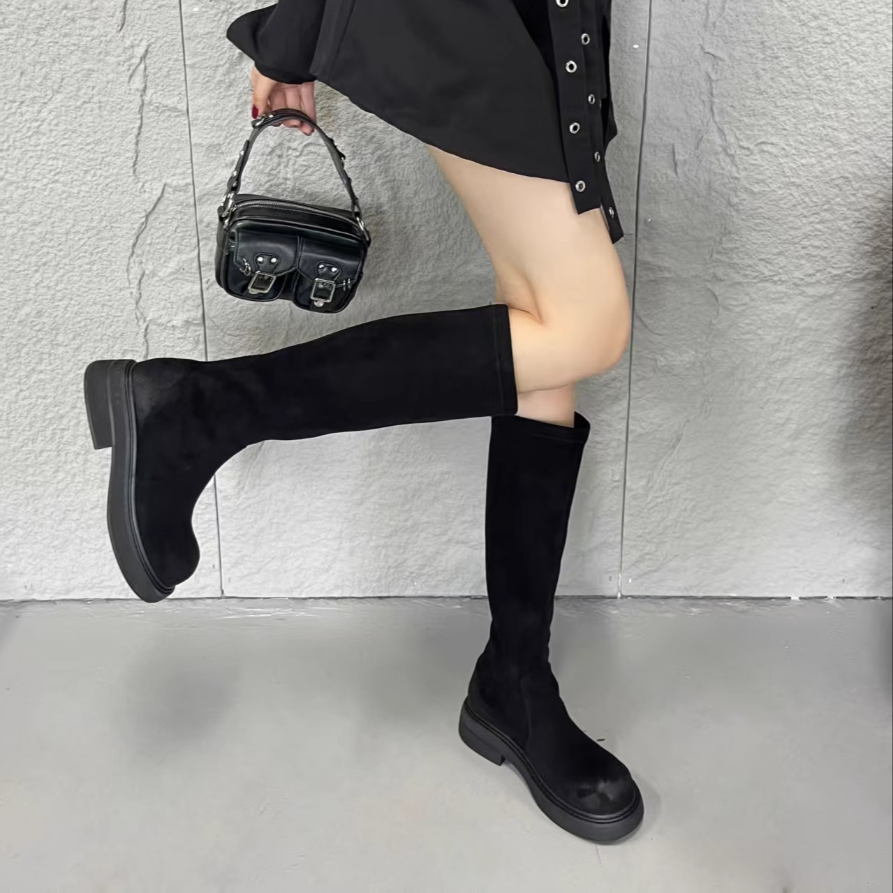不过膝长靴女款弹力瘦瘦靴春秋冬新款绒面小个子厚底显瘦长筒靴子