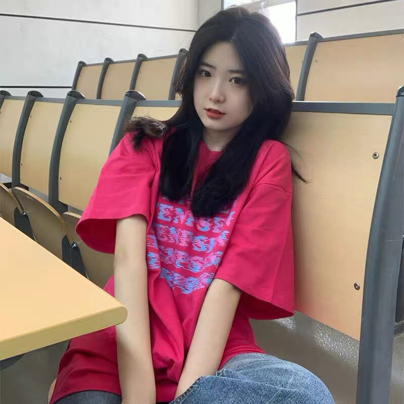 新款红色tenpsen美式vintage短袖t恤上衣女宽松韩版ins原宿风港风