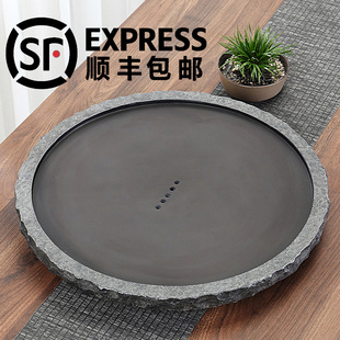 整块天然原石客厅茶台 真乌金石圆形茶盘大中小号托盘家用带排水式