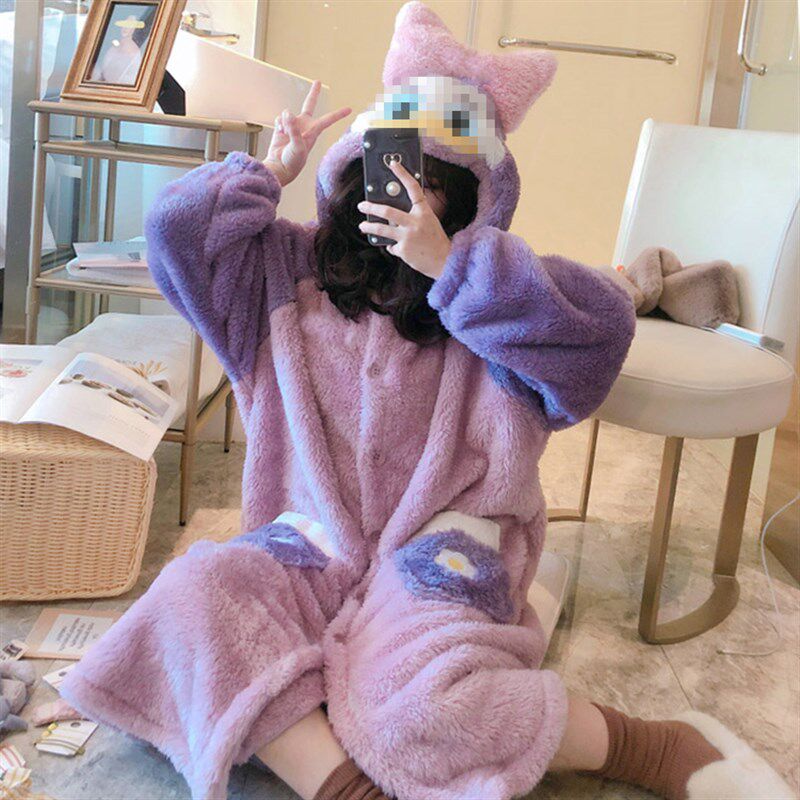 可爱珊瑚绒睡裙长袖加绒家居服加厚秋冬季睡袍保暖法兰Z绒女士睡