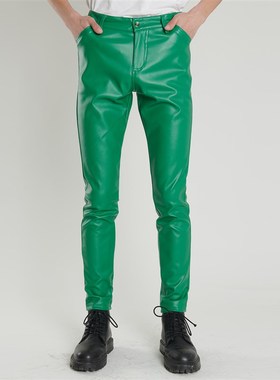 春秋青年男士皮裤弹力修s身时尚防水绿色蓝色酒吧紧身植绒PU皮长
