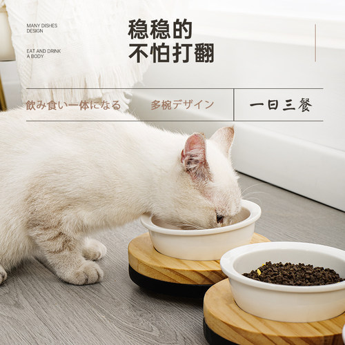 猫碗猫食盆斜g口猫粮盆猫水碗陶瓷猫咪碗实木防打翻猫饭碗宠物用