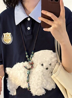 大码美式复古可爱小狗刺绣拼接POLO衫短袖t恤胖Smm深蓝色半袖上衣