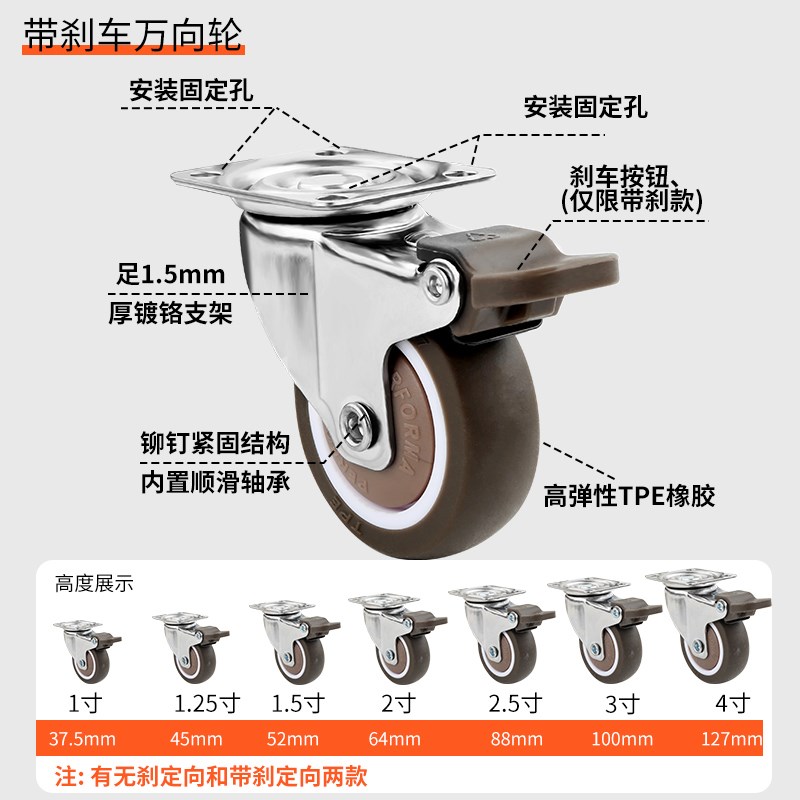 万象转向轮橡胶j轮带轴承轮子旋转定向柜子滑动小滚轮胶轮万能方