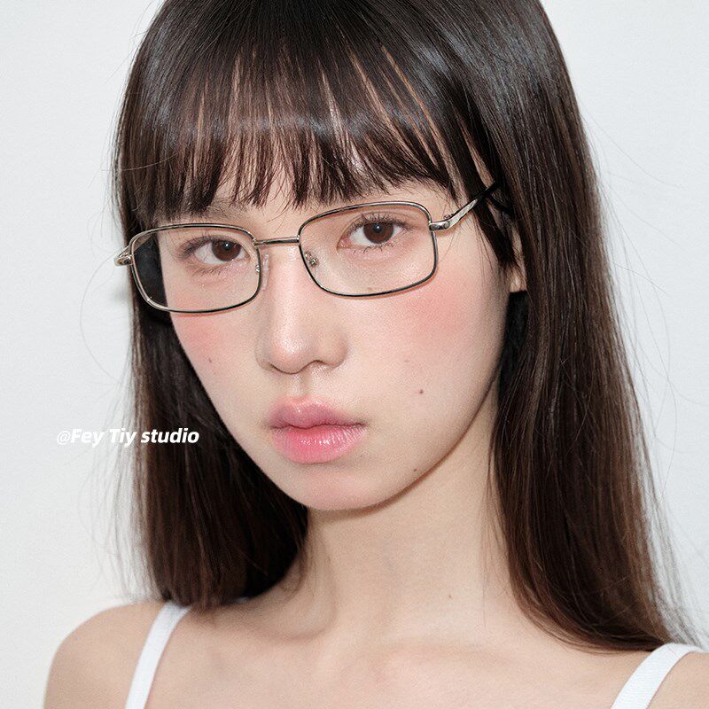 feytiy 日系斯文金丝复古时髦平光眼镜装饰潮银T框细边眼镜长方形