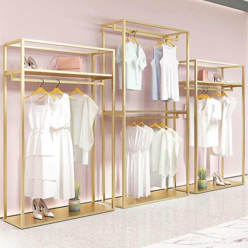 服装店双层货架高档女装店展示架落地式组合陈列货架金色挂衣服架