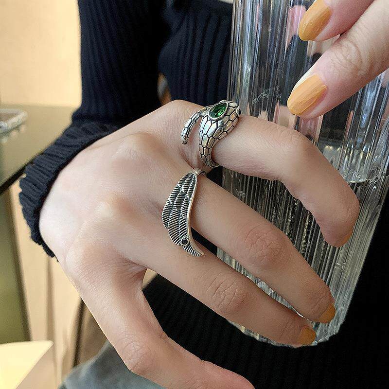 个性蛇形戒指女复古几何戒指欧美夸张网红食指戒韩版S925银配饰