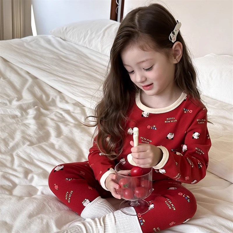 儿童新年款红色发财小狗家居服冬季保暖宝宝睡衣R儿童纯棉衬衣衬