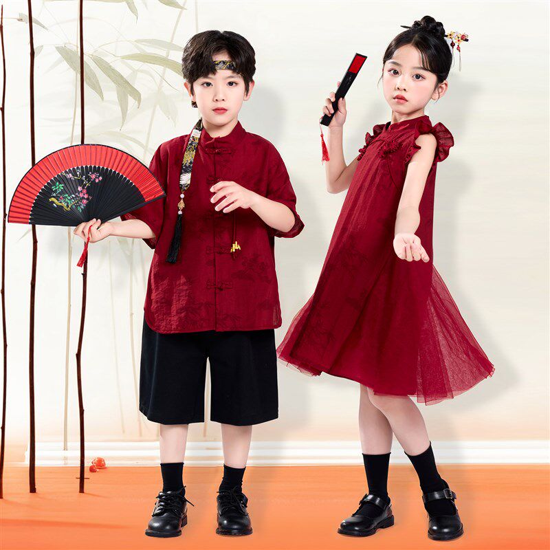 儿童新中式汉服套装男童小少爷唐装女童旗袍裙礼服U六一演出服国