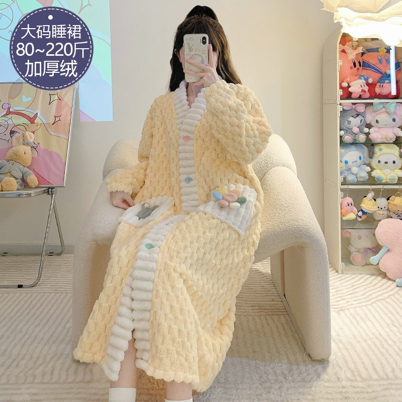 睡袍女秋冬季珊瑚绒加厚s加绒法兰绒长款浴袍甜美加大码睡衣家居