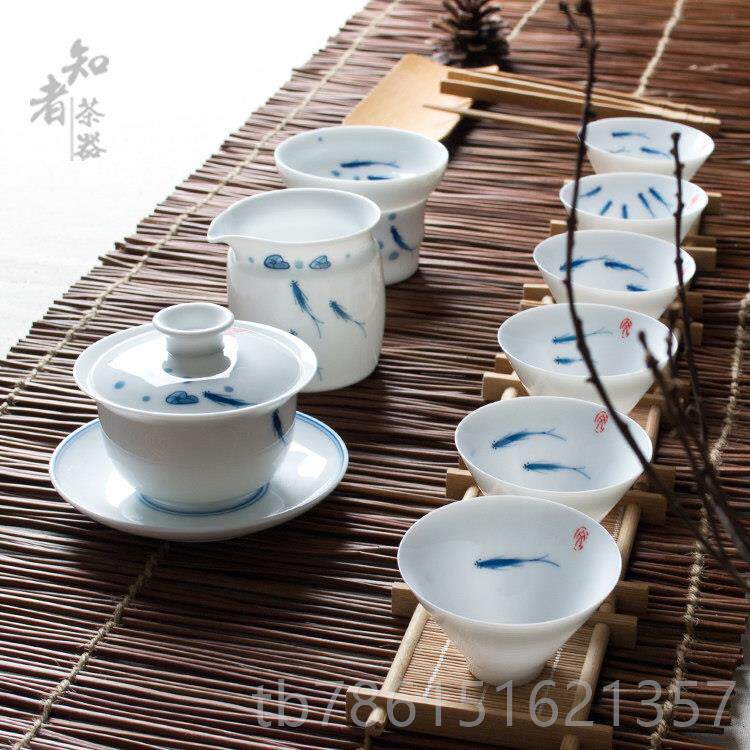 高档手绘鱼杯整套功夫茶具套盖碗斗笠佳杯陶瓷高白瓷手绘品送礼装