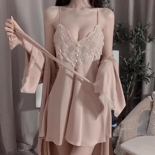 丝绸睡裙睡袍两件套家居服 日本真丝蕾丝性感吊带睡衣女甜美薄款