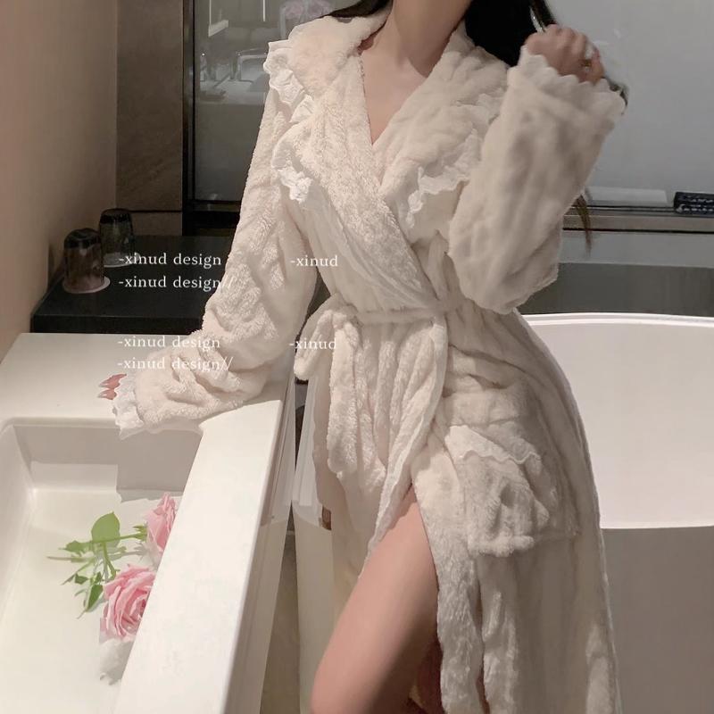 高级性感蕾丝睡袍秋冬新款情侣睡衣珊瑚绒加厚浴袍家居服一男一女