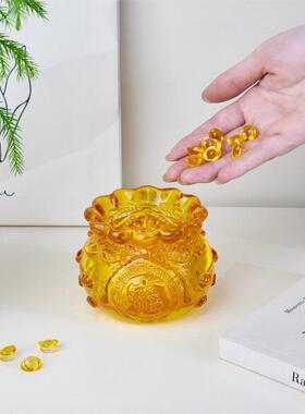 琉璃钱袋子摆件黄色水晶聚宝盆花瓶客厅办公室装饰摆设乔迁送礼