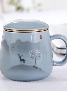 陶瓷杯茶杯家用带盖过滤办公子室水杯创意克马杯景德镇陶瓷泡NAT