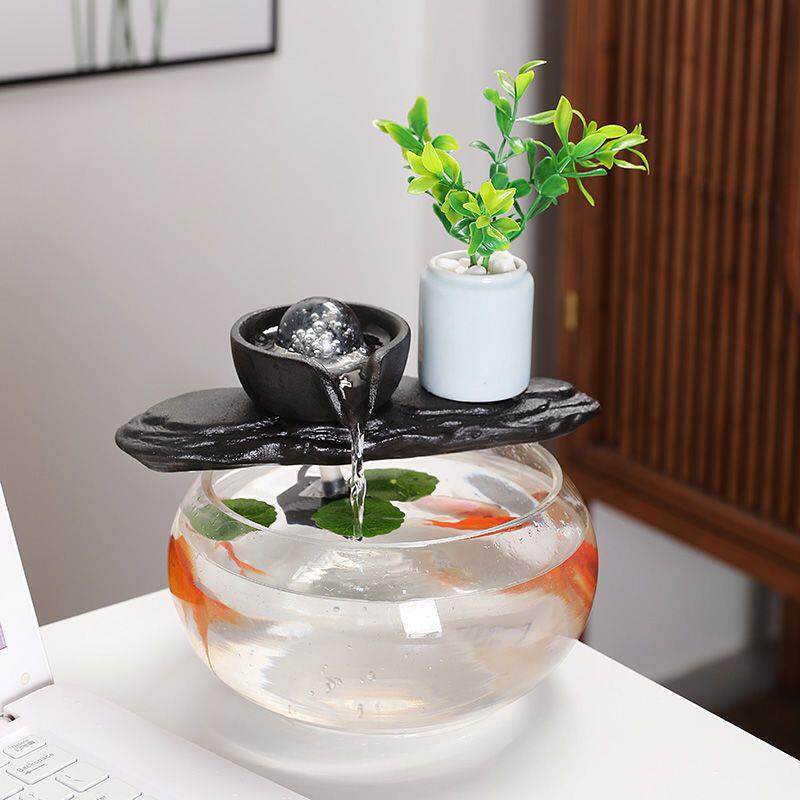 圆形鱼缸造景摆件流水壶造景自动流水生财摆件装饰品循环水小型