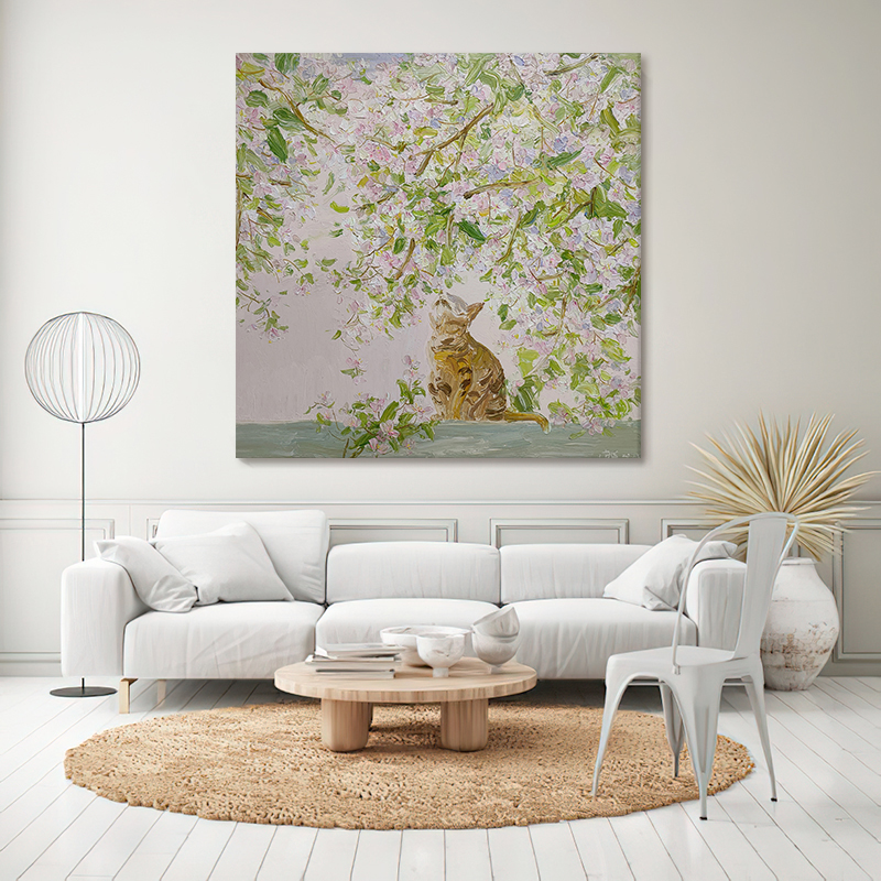 温馨猫咪细嗅蔷薇手绘油画花卉动物儿童房装饰画卧室客厅肌理挂画图片