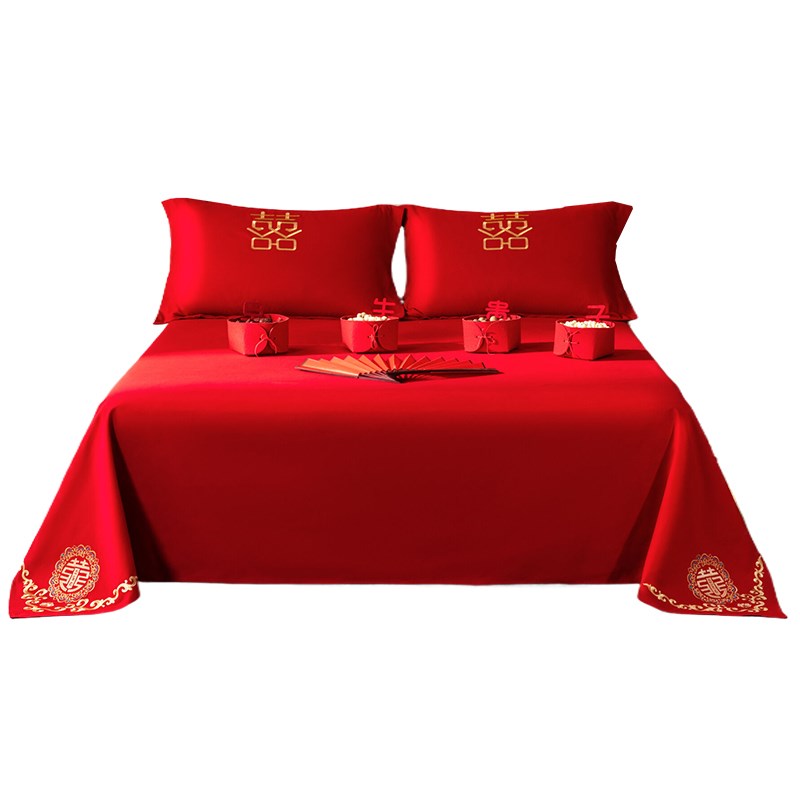 刺绣婚庆床单单件大红色结婚酒店喜庆被单枕套三件套新婚乔迁