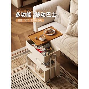 威展实木茶几旋转桌面小户型家用沙发边几可移动简约多功能小推车