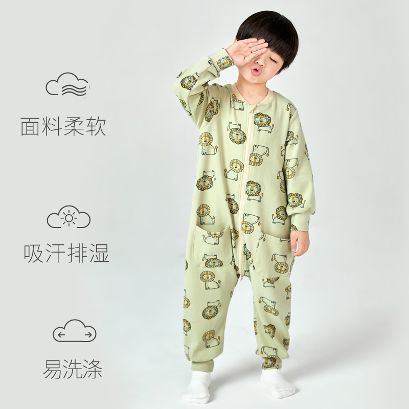 儿童连体睡衣防踢男童连s体衣服春秋款薄款大童长袖宝宝空调服