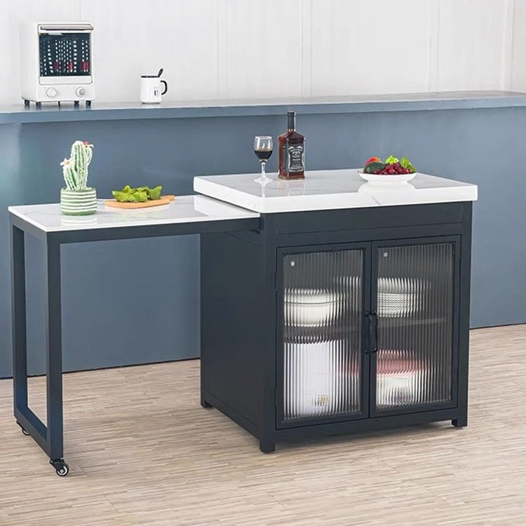 现代开放式大理石厨房中岛料理台铁艺伸缩一体餐桌吧台边柜可移&