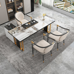 轻奢岩板茶桌简约不锈钢高级茶桌椅组合现代茶具套装 一体艺术茶台