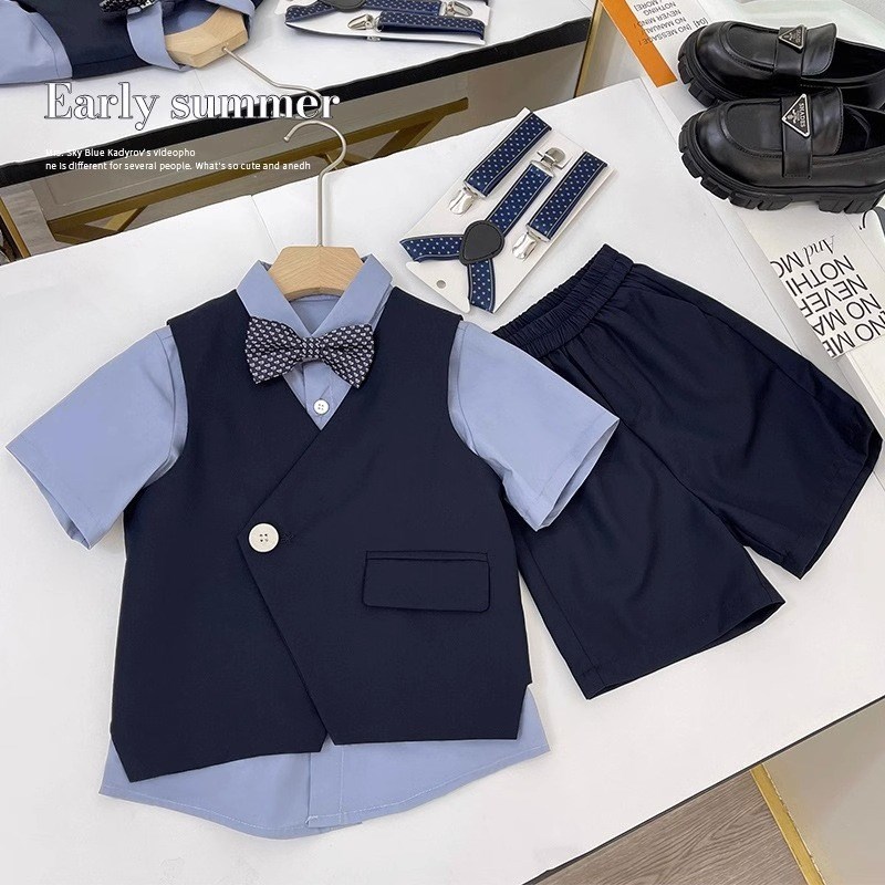 儿童礼服套装2024年新款男童小主持人西服背带裤英伦Y风钢琴演出