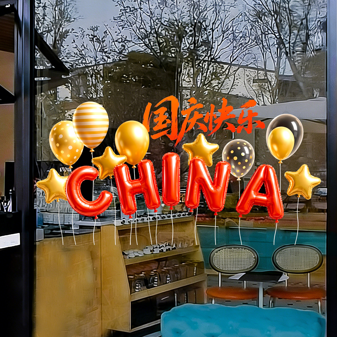 中秋国庆红静电无胶窗贴