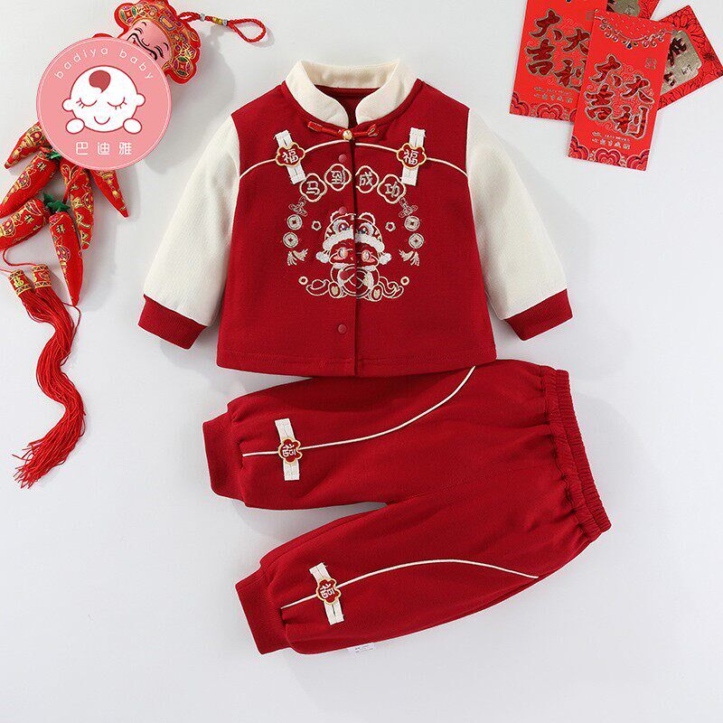 婴儿百天衣e服春装婴幼儿周岁礼服秋季男女宝宝分体套装中式拜年