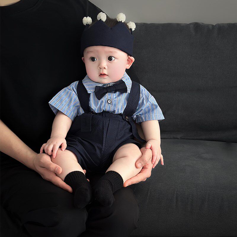 2025夏季婴幼儿新款衬衫背带裤套装E男童领结短袖纯色短裤两件套