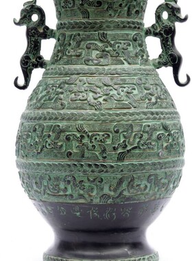 仿古青铜器花瓶摆件仙鹤展翅圆壶家居风水礼品客厅装饰插花双虎瓶