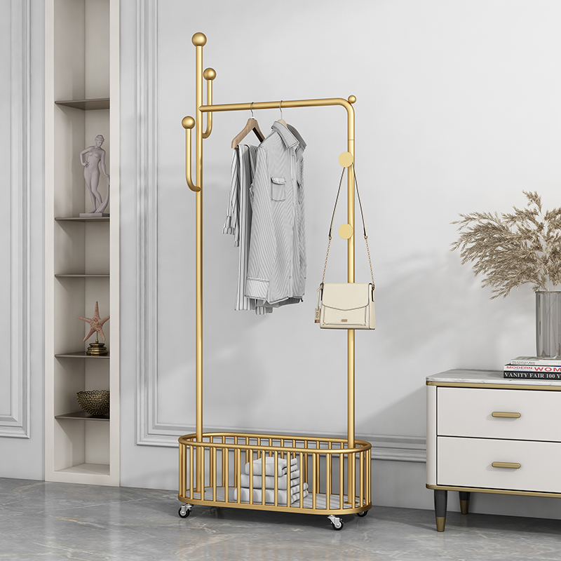 意式轻奢衣架卧室落地带轮可移动网红衣帽架带脏衣篓铁艺挂衣架子