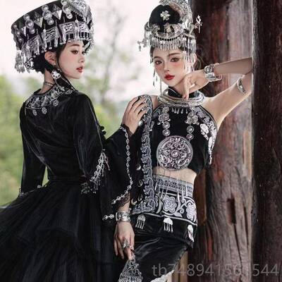 正品苗疆经典搭配女王服饰黑异域白风改良民族演出服苗族摄闺蜜旅