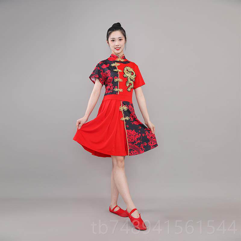 正品鼓中服国风演出女打服夏新款舞台爵士舞服装广场舞扇子舞裙秧