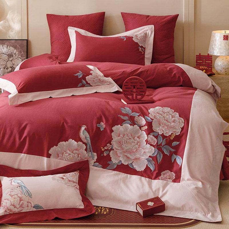 新中式婚庆全棉磨毛柔软四件套秋冬花鸟刺绣被套床上用品红色结婚