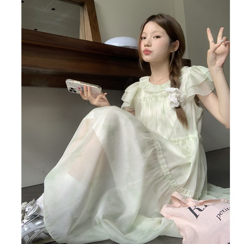 大码女装2024夏季胖mm法式气质显瘦甜美多巴胺小飞袖连衣裙仙女裙