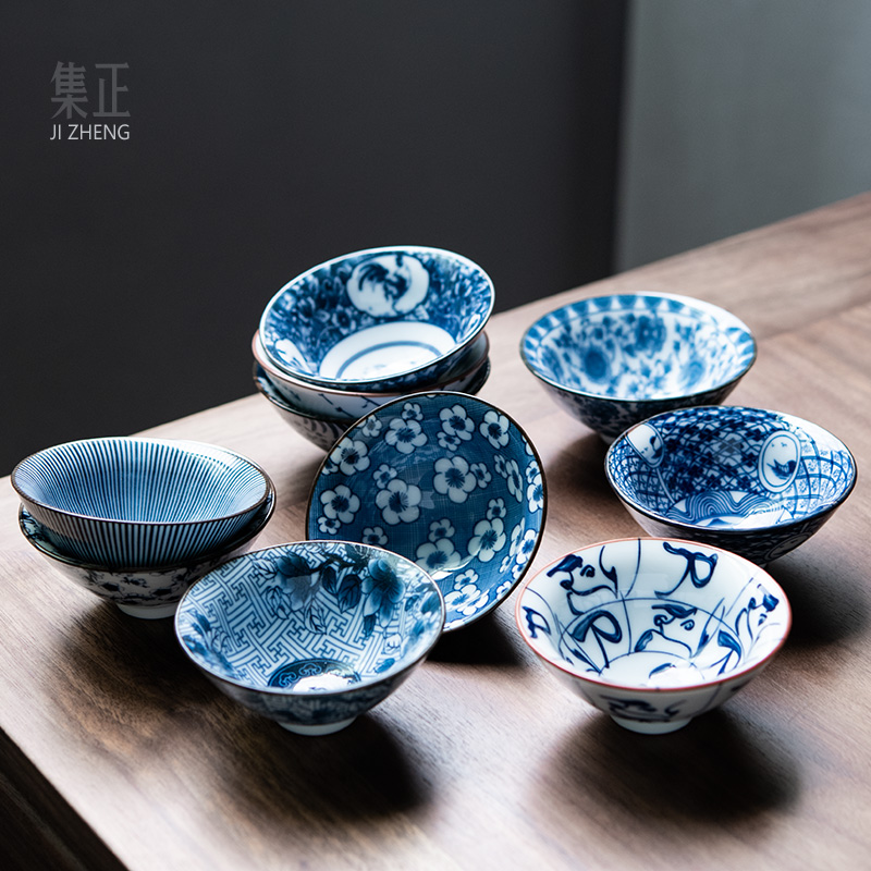 集正复古青花品茗杯6个装 和风日式斗笠茶盏小号大号陶瓷功夫茶杯