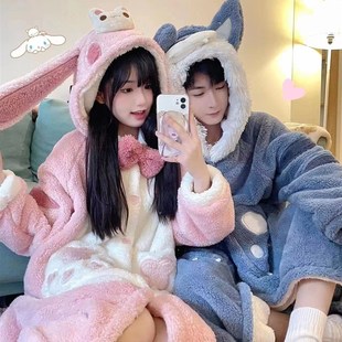可爱睡衣女冬卡通睡袍小白兔珊瑚绒加厚家居服连帽大灰狼情侣超厚
