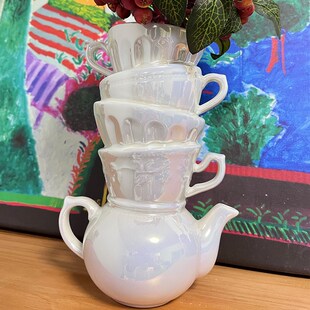 珠光色北欧轻奢茶壶叠叠杯花瓶高颜值摆件简约好看实用花瓶 新款