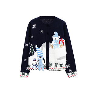 110 女宽松保暖毛衣外套ZW 2025新款 圣诞卡通印花针织开衫