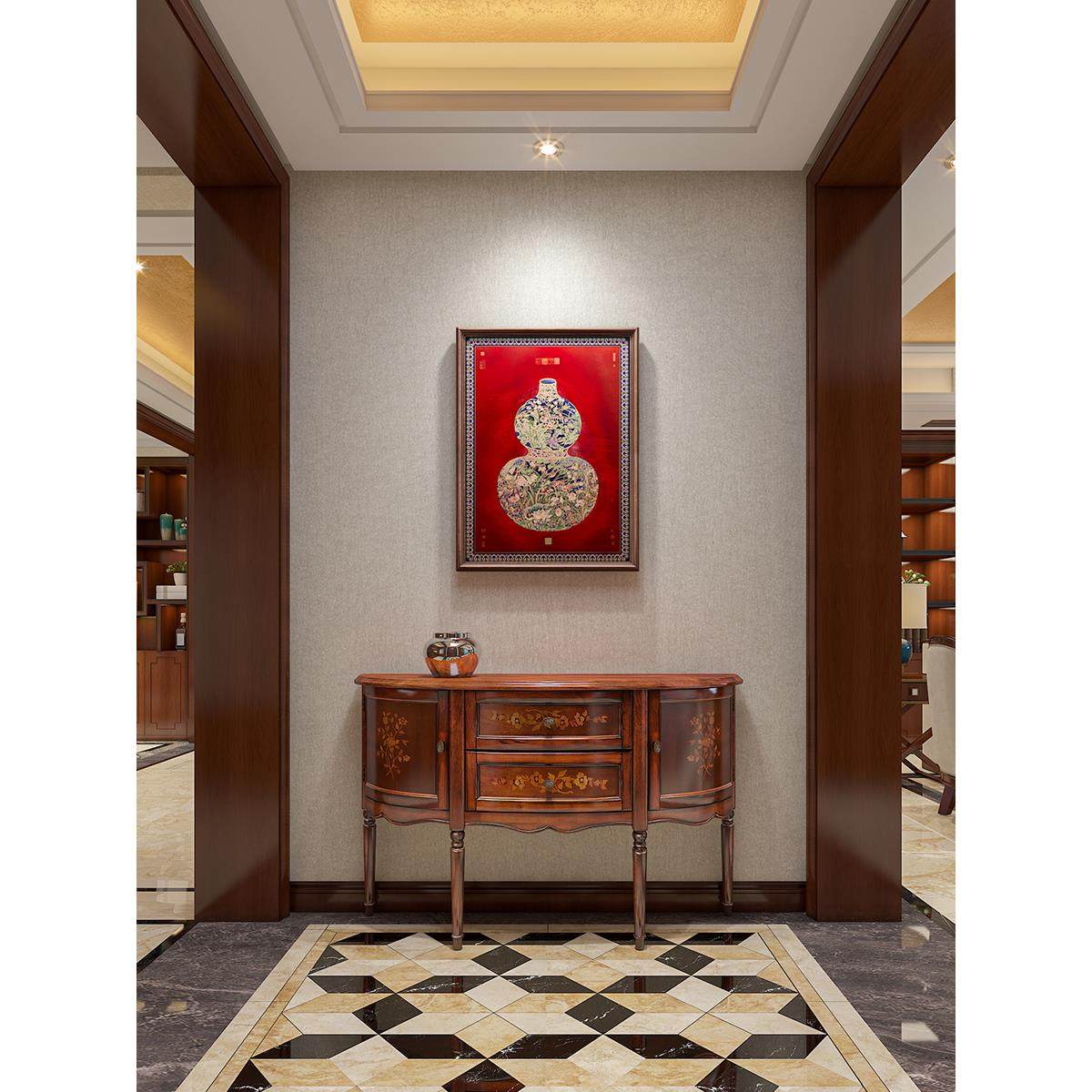 福禄临门新中式入户玄关装饰画沙发背景墙挂画实木框艺术手工烧制