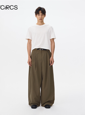 OUTCiRCS森绿色双摺阔腿裤2025春夏新品男士易打理慵懒风休闲裤
