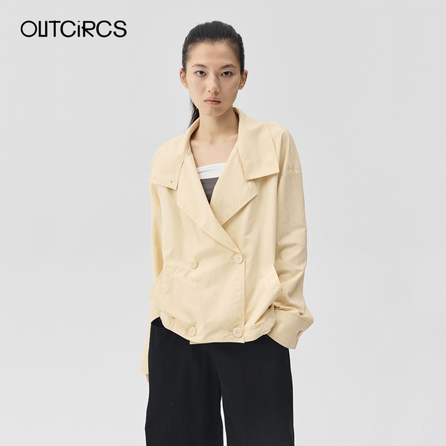 OUTCiRCS26春双排扣大翻领短款宽松可调节下摆休闲夹克外套可立领