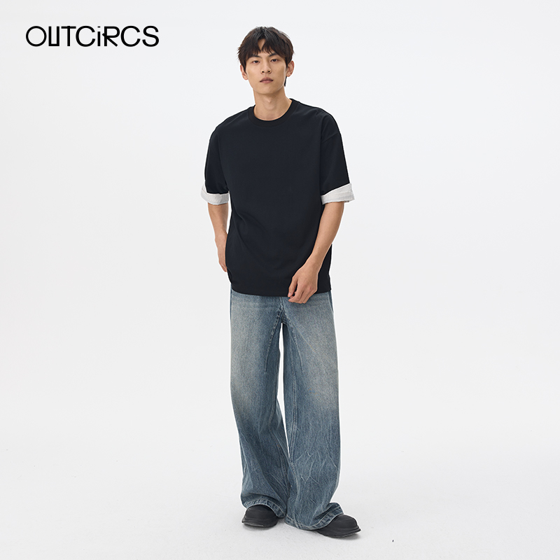 OUTCiRCS条纹拼接袖口T恤