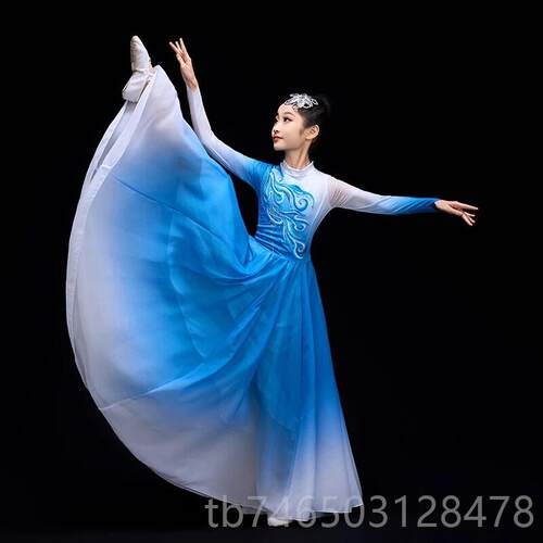 高档儿童古开场舞大摆裙演火出服女长裙典舞蹈服灯里的中扇子表演