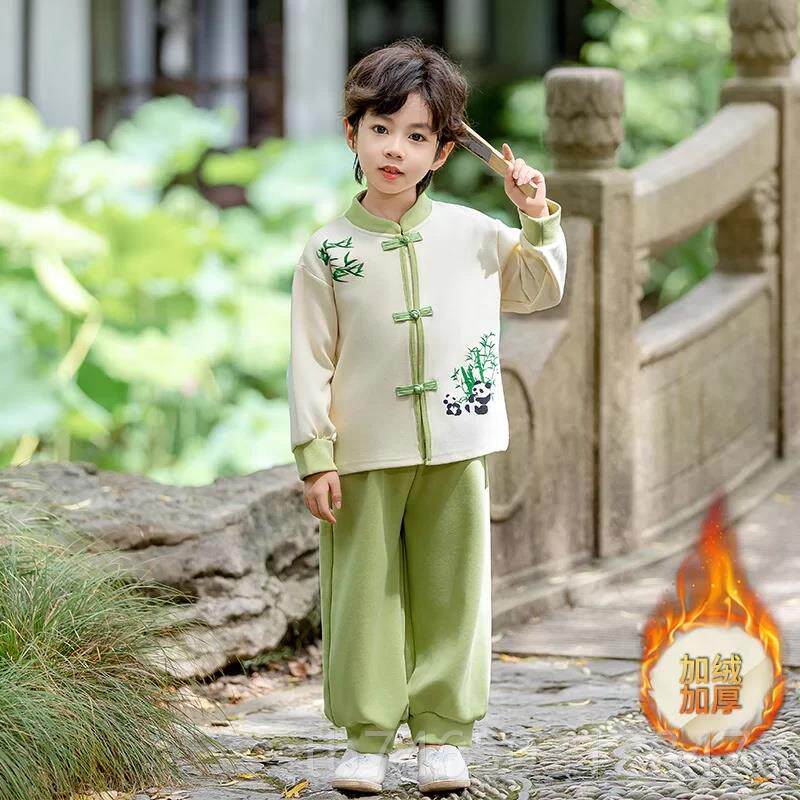 高档女童汉服套装中童式国风秋装新款新儿装男孩加厚唐装演服兄出