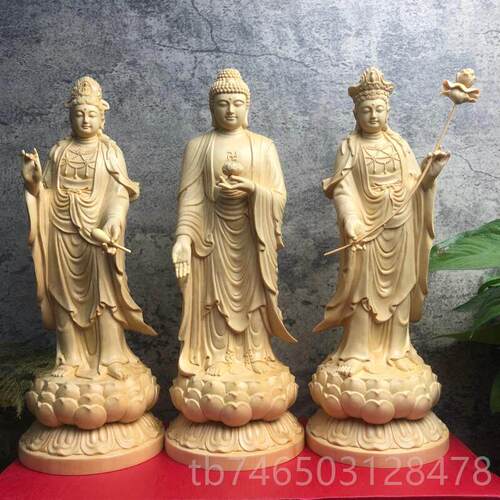 高档蜈蚣木雕立圣联西三阿弥陀佛净身瓶佛观音摩派菩萨像像供大奉