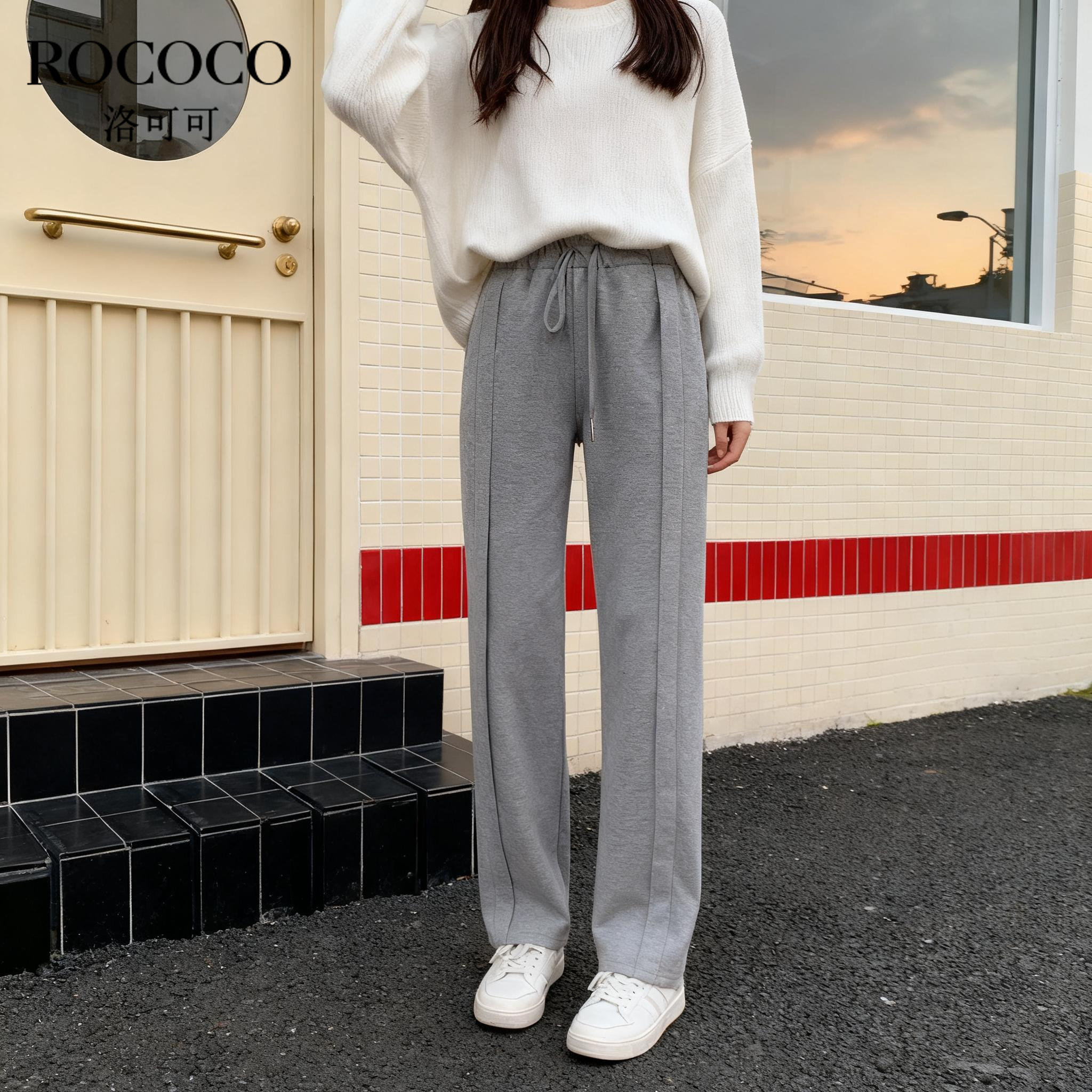 ROCOCO/洛可可阔腿休闲针织裤女纯色新款透气宽松流行直筒长裤