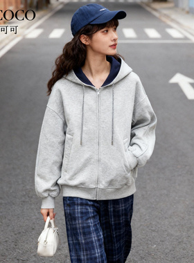 ROCOCO/洛可可2025宽松连帽灰色拉链开衫卫衣女休闲百搭口袋外套
