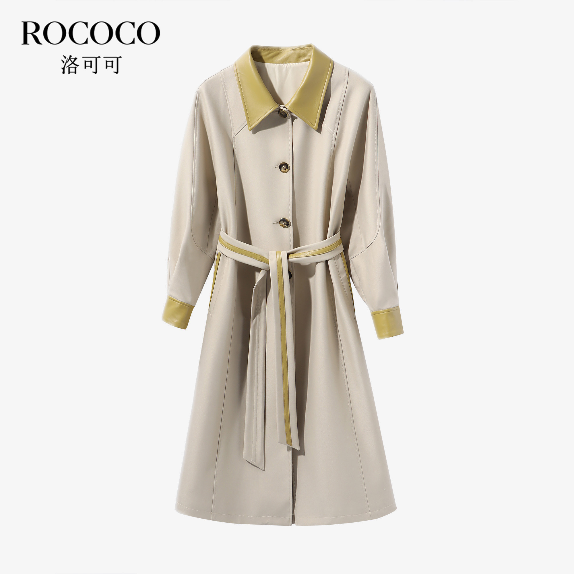 ROCOCO/洛可可撞色翻领中长款风衣春季新款高级感系带单排扣外套